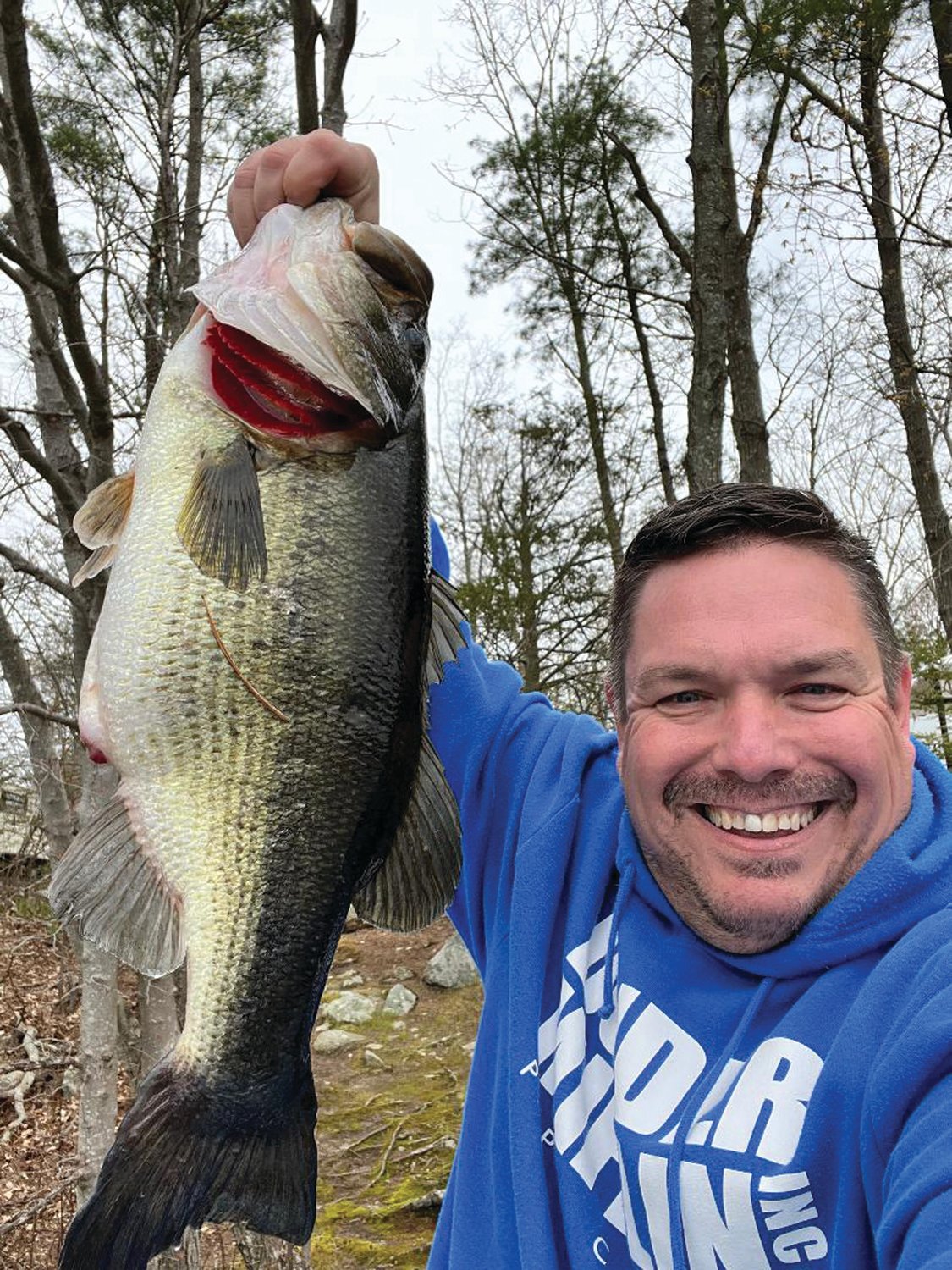 John Dionne of Smithfield, RI with the 7.6 pound largemouth bass he caught last week at Bowdish Lake, Chepachet, RI.